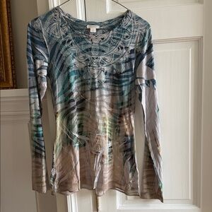 Xhilaration Long-Sleeve Abstract Print Top in Green, Tan & Blue